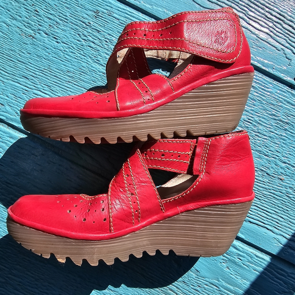 Fly London Women's Rubi Wedge Leather Strappy Shoes, Red, 40/9-9.5